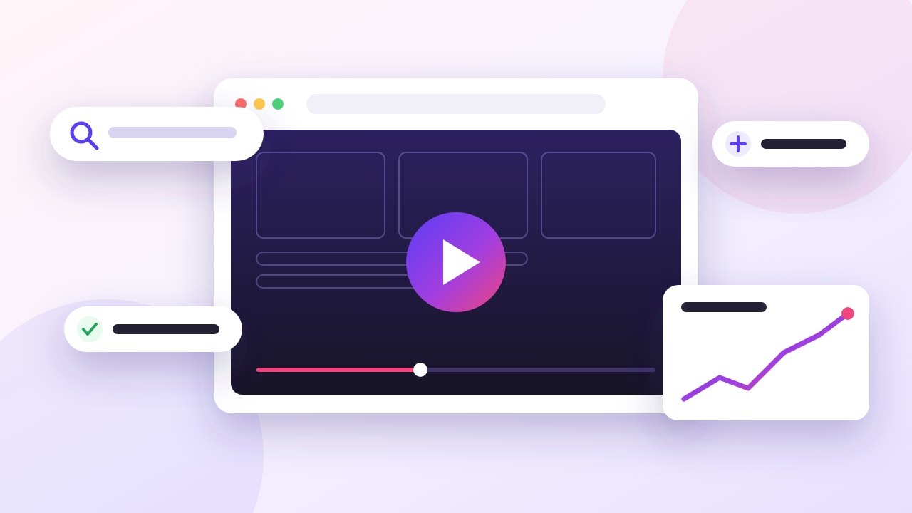 A product video in a browser, with search and growth cards around it